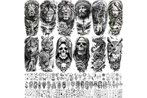 COKTAK 75 Sheets Skull Temporary Tattoos For Men Adults, Halloween Zeus God Lion Poseidon Half Arm Sleeve Tattoo For Women Jesus Christ Skeleton Dragon Owl, Long Lasting Fake Tattoo Stickers Wolf Tiger