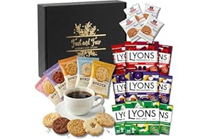 Fast and Fair UK Coffee Gift Set - Variety Selection of Lyons Coffee Bags Bundled with Border Biscuits and Indulgent Caramel Stroopwafels - 18 Items in Gold Embossed Gift Box