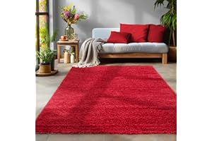 ‎SIMPEX Flauschiger Teppich Wohnzimmer Schlafzimmer Läufer Flur Esszimmer Küchenteppich Hochflor Einfarbig Modernes Design 30 mm Florhöhe Kuschelweich, Rot, 160 x 230 cm