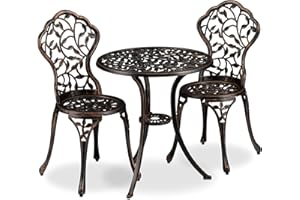 Relaxdays Mobili da Balcone, Set da 3, Tavolino con 2 Sedie, Decorativi, Alluminio, da Bistrot, HxD: 65x60 cm, Bronzo
