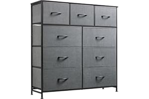 WLIVE Cómoda de Tela con 9 Cajones Extraíbles, Gabinete con Parte Superior de Madera y Estructura de Acero, Adecuado para Salón, Dormitorio, Pasillo, Habitación De Niños, Gris Negro