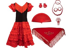 Gojoy shop - Disfraz de sevillana flamenco para niña, contiene: vestido, mantón y accesorios. (3 colores y 5 tallas diferentes.)