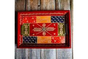 Swadeshi Blessings Wooden Tray for Serving- Handcrafted & Hand-Painted for Kitchen/Table & Home Decor/Dinning/Gifts/Restaurants/Living Room/Coffee Table 30Cm (Single Tray) (Antique Red), Rectangular