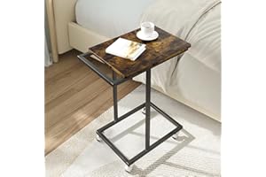 Novilla Stolik pomocniczy do sofy, stolik nocny w kształcie litery C do biura, metalowa rama w stylu industrialnym, mały stolik kawowy z 4 kółkami i uchwytami, stolik nocny do sypialni, rustykalny