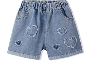 Rolanko Shorts Denim per Ragazze con Vita Elastica Estate Jeans Corti Strappati con Tasche Pantaloncini per Bambini