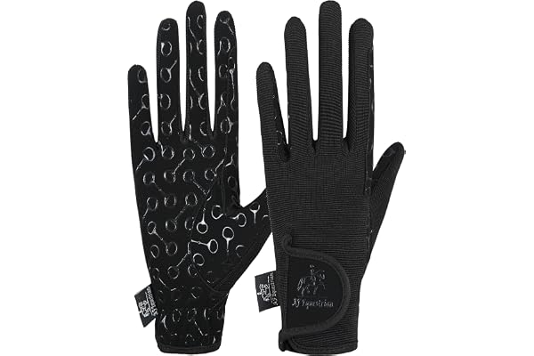 AFE Gants d'équitation pour enfants en cuir synthétique Noir Tissu stretch Silicone imprimé Paumes pour enfants