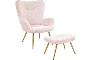 Yaheetech Boucle Armchair, Sherpa Fuzzy Tub Chair, Lounge Chair with High Back and Ottoman Footstool for Living Room, Bedroom, Study, Pink