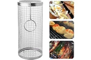 AWCIGG Rolling uchwyt do grilla ze stali nierdzewnej, z uchwytem, do grilla, do użytku na zewnątrz, akcesoria do grillowania, na kemping, Essentials, ryby, warzywa, kosz do grillowania