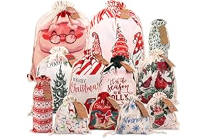 POPGIFTU Lot de 12 Sacs Cadeaux de Noël en Toile avec Cordon – Pochettes Réutilisables en Tissu avec Étiquettes, 5 Tailles et 12 Motifs