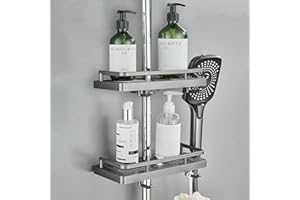 FIISAYL Etagere douche sans Percage Rangement Salle de Bain Organisateur Support hauteur Réglable avec 2 Crochets, Support Pomme Douche, s'adapte à la Barre Douche 18-25mm Gris 2 unité