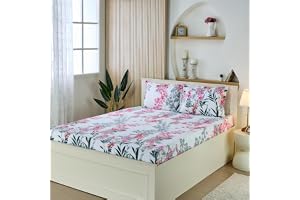 Amazon Brand - Solimo King Size Flat Bedsheet with 2 Pillow Cases 180 TC 100% Cotton Washing Machine Washable 90 x 108 Inches Floral Design (Pink)