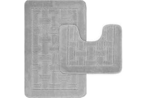 LS DECOR Luxury 2 Piece Block Bath Mat Set Non Slip Ultra Soft Bathroom Mats Water Absorbent Bath Mats Machine Washable Rug Toilet Mat for Bathroom Floor (GREY)