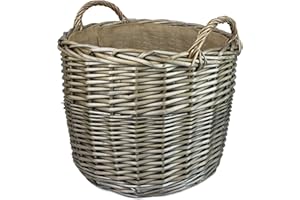 POP-IT-IN-A-PELICAN Round Hessian Lined Grey Wicker log baskets. Wood & kindling storage for home hearths and fireplace. Or shoes and laundry (45cm Grey)