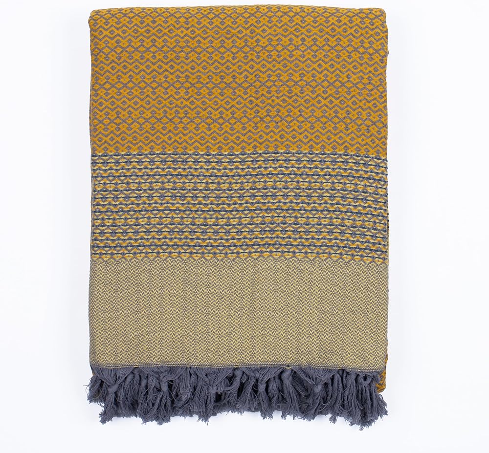 PÜSKÜL Çift Kişilik Yatak Örtüsü ve Pike |%100 Pamuklu İnce Hafif Yazlık Battaniye | Boho Dekoratif Koltuk Örtüsü | Çok Amaçlı Çeyizlik Günlük Kullanım (Hardal, 200x250 cm Çift Kişilik Pike)