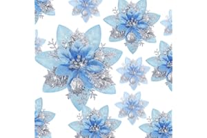 Geosar 24 Flores de Nochebuena Artificiales con Purpurina para Navidad Decoraciones de Flores de Boda Adornos de Árbol de Navidad con Clips, 6 Pulgadas, 4 Pulgadas, 3 Pulgadas (Plata y Azul)