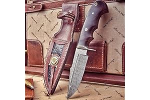 BIGCAT ROAR Deer Hunter - Couteau de Chasse Acier Damas 25,4 cm - Manche Bois de Noyer, Étui Cuir - Bushcraft, Survie, Outdoor - Idée Cadeau pour Homme Chasseur, Collectionneur ou Amateur Nature