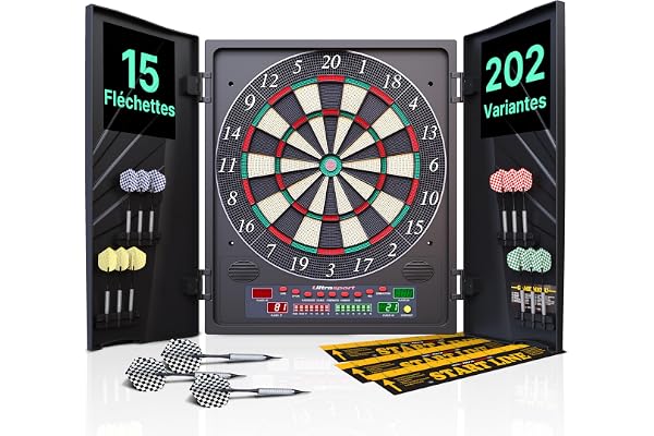 Ultrasport Cible de Fléchettes Électronique avec et sans Portes I Jeu de Fléchettes Électronique pour 1 à 8 Joueurs avec 15 Fléchettes, 15 Plumes, 100 Pointes de Fléchettes, 3 Lignes de Chute