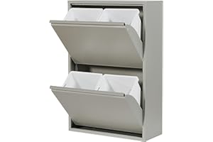 Atahome Didyma Waste and Recycling Bin - 2+2 Drawers and Plastic Buckets with Metal Handles, 4x15 Litres Waste Separation & Recycling Bin, Sturdy Metal Structure Rubbish Bin (Grey)