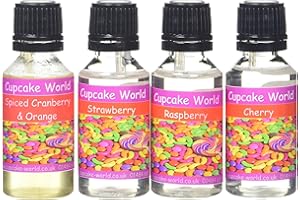 Cupcake World Food Flavouring Bottles Raspberry/Spiced Cranberry and Orange/Cherry/Strawberry 28.5 ml (Pack of 4)