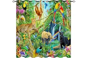 YUANZU Wild Animal for Kids Curtains, Panther Orangutan Elephant Family Pattern Microfiber Blackout Fabric Eyelet Window Drapes for Boys Girls Bedroom Set of 2 Panels W168cm (66") x D137cm (54")