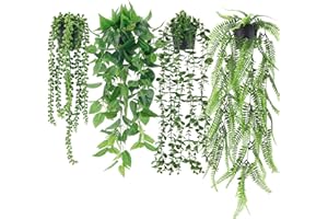 ‎DER ROSE Der Rose 4 Stück Künstliche Pflanzen Hängepflanze Künstlich Kunstpflanze Hängend Fake Eukalyptus Plant, Boston-Farnen, Perlenkette für Wohnzimmer, Zimmer, Wand Deko Aesthetic Room Decor (Schwarze)