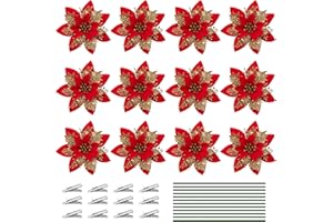 Jesustree Weihnachten Glitzer Weihnachtsstern, 12 Stück Künstliche Weihnachtsblumen Deko, Weihnachts Poinsettia Kunstblumen mit Vorbauten für Hochzeit Weihnachtsbaum Dekorationen