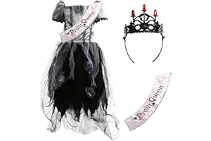 I LOVE FANCY DRESS Girls Zombie Prom Queen Halloween Costume - Fancy Dress Costume Grey & Black Prom Dress, Black Crown & Prom Queen Sash