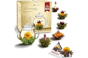 ‎CREANO Creano Zestaw upominkowy z kwiatami herbaty - herbata kwitnąca ze szklanym dzbankiem o pojemności 500 ml i 6 x biała, czarna, zielona herbata + czarna herbata bonusowa kula bonusowa Teelini -