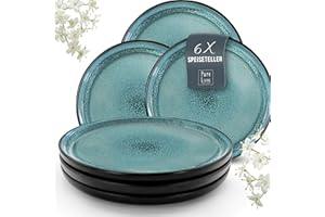 PURE LIVING INTERIOR DESIGN 6 dużych talerzy z serii Ibiza, z krzemionki, szlachetne talerze obiadowe, do zmywarki i kuchenki mikrofalowej, odporne na zarysowania, stylowy zestaw dla 6 osób w kolorze petrolu