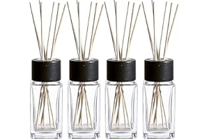 Whole Housewares Clear Glass Diffuser Bottles with Reed Sticks & Black Wood Caps - Reed Diffuser Bottles | Home Fragrance Fresheners Diffusers Kit Set| Room Fresheners for Home | Set of 4, 3.4oz