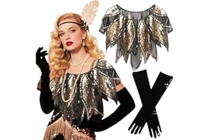 LaVenty 1920s Shawl Wraps Long Silk Gloves Sequin Beaded Evening Cape,Gloves For Gatsby 1920s Party