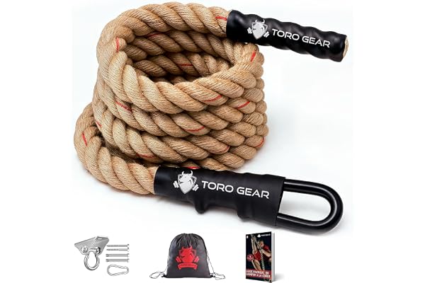 Toro Gear | Corde à Grimper en Jute de 38 millimètres, 3-6 mètres | Corde à Grimper avec Mousqueton et accroche pour Crossfit, salles de Sport, Fitness et entraînement pour Pompiers.