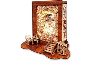 FUNPOLA Maquette en Bois à Construire Puzzle 3D Alice au Pays des Merveilles Veilleuse - Lampe de Livre Bricolage avec Horloge - LED DIY Lampe Décor Puzzles 3D Bois Adultes