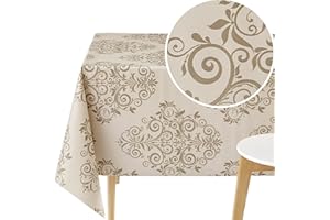 KP HOME Wodoodporny obrus z PCW, prostokątny, 250 x 140 cm, barokowy obrus z tworzywa sztucznego, winylowy, do jadalni lub kuchni, zmywalny, kremowo-beżowy