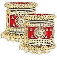 BRIDAL GARNISH Radiant Red Bridal Chuda with Exquisite Kundan and Pearl Embellishments Kunadan Pearlhandwork Gold Zari Latkan Bangles