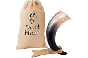 DIVIT HORN Corne à boire Viking avec support en fer véritable Divit | Ornements en laiton et sac-cadeau en toile de jute inclus | Corne de 13 ’’ et capacité de 16 oz (400 ml) | (Wooden, Mjolnir, Polished)
