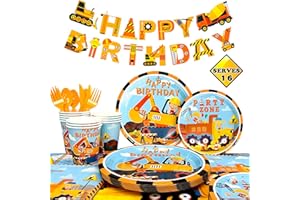 FRUITFUL PARTY Bagger Geburtstagsdeko Partygeschirr,128pcs Konstruktion Party Geschirr Set-Baustelle Geburtstag Deko Bulldozer Bagger Teller Pappbecher Servietten Tischdecke Banner etc Bagger Geburtstag Deko
