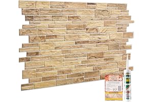 NOVECRAFTO Paneles pared con efecto pizarra piedra, marrón natural, juego 16 paneles – 7,33 m² | 78,95 m² – 1 juego cubre 4,93 pies cuadrados (0,46 m²) paneles pared ligeros PVC fáciles usar | adhesivo incluido