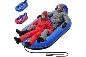 QPAU Pneu à neige gonflable pour 2 personnes, pour enfants et adultes, avec deux dossiers et corde de traction, robuste, avec poignées, valves de gonflage rapide (bleu)