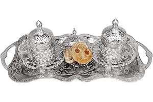 Nosy Nomad Juego de café: Juego de 2 Tazas para café Turco, Plato para Pasteles, auténtico Plateado | Tazas para café Turco en Cobre con Tazas de Estilo otomano | Set de 2 Piezas