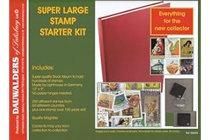 DAUWALDERS Super Large Stamp Collecting Starter Kit with stockbook, quality magnifier & 250 stamps.