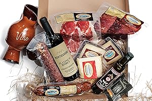 MONTE LUEÑO MONTELUEÑO | Cesta Gourmet Ibérica Plus - Surtido de embutidos ibéricos naturales con Chorizo, Salchichón, Jamón, Cecina, Quesos, Vino, Aceite OVE, Picos. Ideal para picoteo, regalo, cesta navidad.
