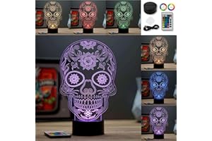 JNB-MAKER Lampe Illusion 3D Tête de Mort Mexicaine Calavera – Veilleuse LED RGB 16 Couleurs + 4 Modes avec Télécommande – Non Personnalisée – Décoration Dia de los Muertos/Cadeau Original – Made in France