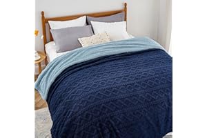 BEDSURE Przytulny koc na sofę 220 x 240 cm, koc z dzianiny, duży, na sofę, podwójna twarz, bardzo miękki, puszysty XXL do salonu, wełniany, niebieski, na kanapę, narzuta na sofę