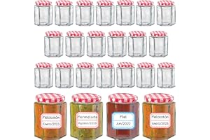 AWIKU 24 Tarros de Cristal Hexagonales con Tapa Herméticos de 95ml - Incluye Etiquetas - Aptos para Lavavajillas - Tarritos Ideales para Mermeladas, Miel, Especias, Cremas… (24)