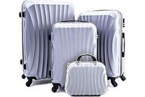R.Leone Valigia da 1 Fino a Set 4 Trolley Rigido grande, medio, bagaglio a mano e beauty case 4 ruote in ABS 2037 (Argento, Set 4 XS S M L)