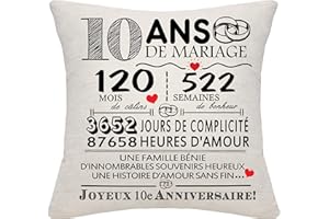 BOMMEX Cadeau 10 Ans de Mariage 10ème Anniversaire de Mariage Housse de Coussin Souvenir Décoration Cadeau pour Couples Parents Femmes Hommes Maman Papa Mari Femme Tante Oncle Amis(10e Anniversaire)