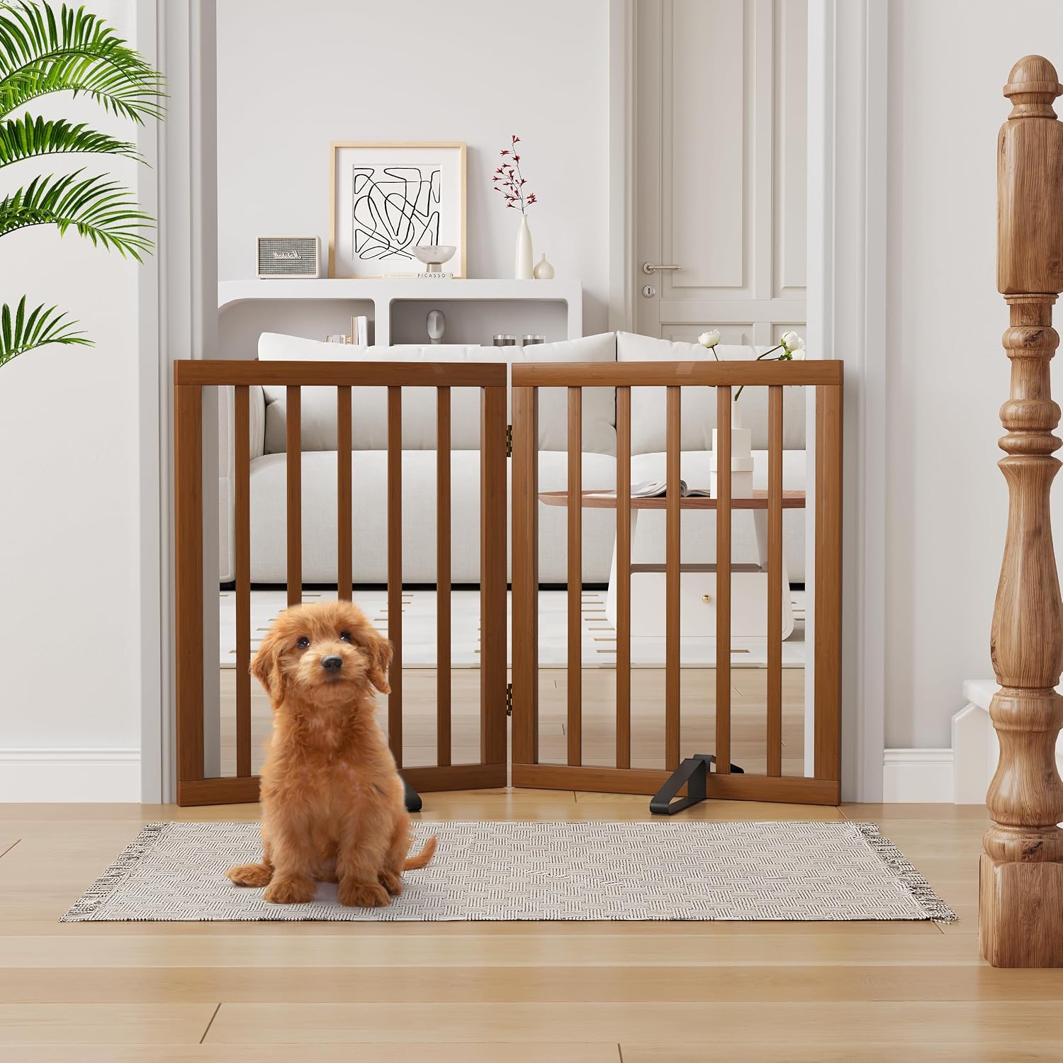 Semiocthome Bamboo Freestanding Dog Gates for Doorways, 2-Panel Indoor Puppy Gates for The House with 2 Metal Stands, 60cm(H) Folding Pet Gate for Stairs Expands Up to 94cm(W) Walnut