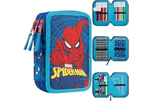 Marvel Boy's Pencil Case, Pencil Case with Compartments Filled School Supplies, Felt, Coloured Pencil, Spiderman Avengers Back to School Gift