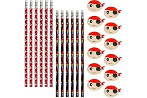 ‎PARTYPACK Nützliche Mitgebsel Set für Piratenparty Kindergeburtstag, 12 Bleistifte und 12 Radiergummis im Piraten Muster, kleine Geschenke für Kinder für Geburtstag, Weihnachten oder Fasching